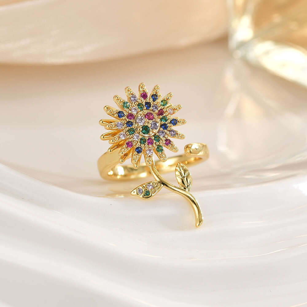 Real Gold Color Retention Lucky Clover Korean Style Inlaid Diamond Fortune Rotating Fashion Adjustable Open Ring D53