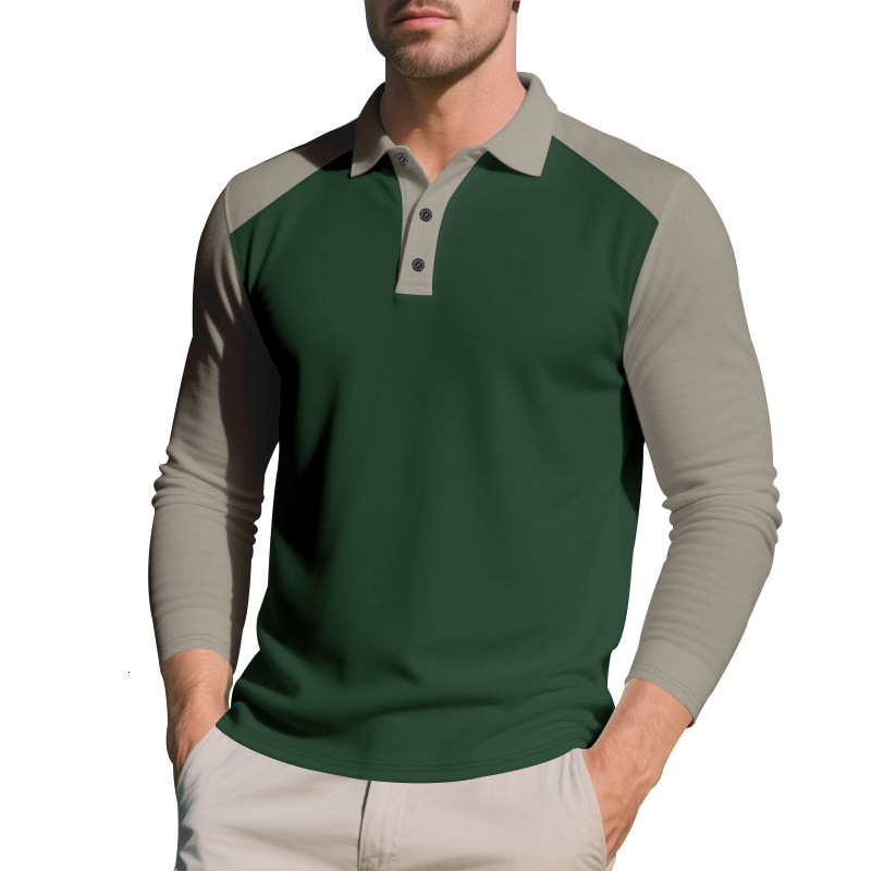 American Style Autumn Winter Men's Polo Color Block Casual Golf Turn-down Collar Long Sleeve T-shirt Base Shirt