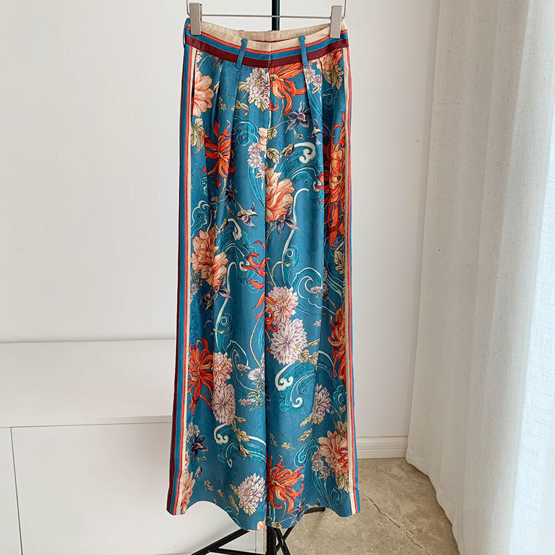 Ladies Blue Oriental Floral Printed Two-Piece Set Fashion Designer Off-Shoulder Long Sleeved Ramie Blouse Viscose Palazzo High Waist Pants S0738