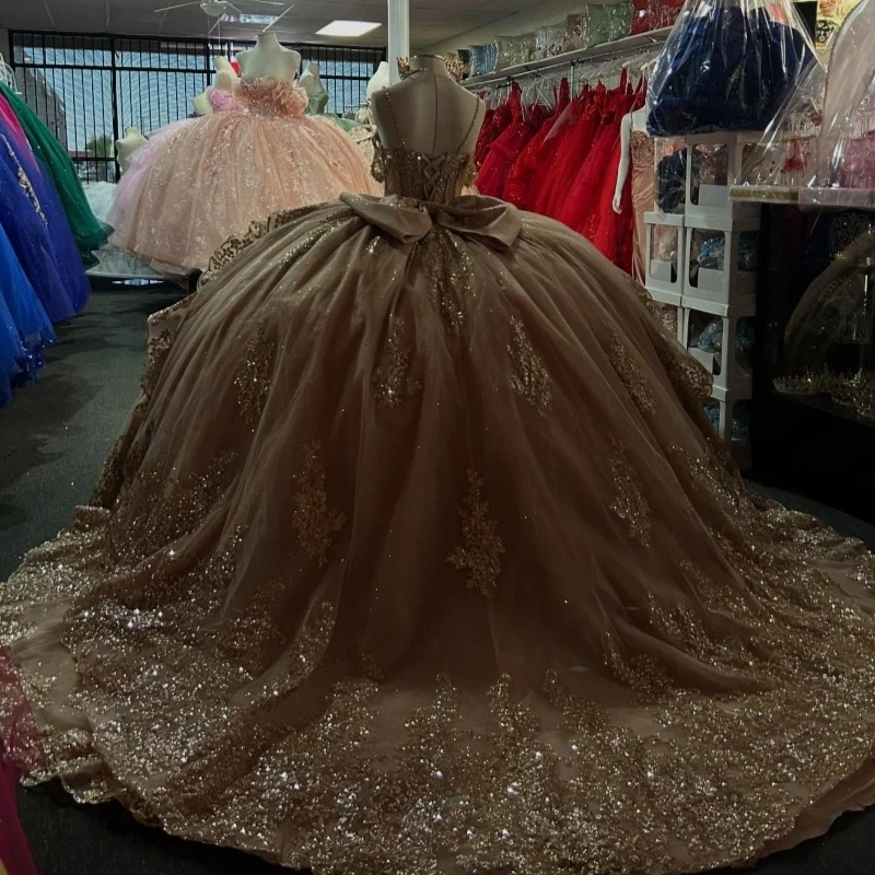 Champagne Shiny Quinceanera Dresses Ball Gown Spaghetti Strap Sequin Applique Lace Beading Crystal Tull Sweet 16 Dress Vestidos 15 De Anos