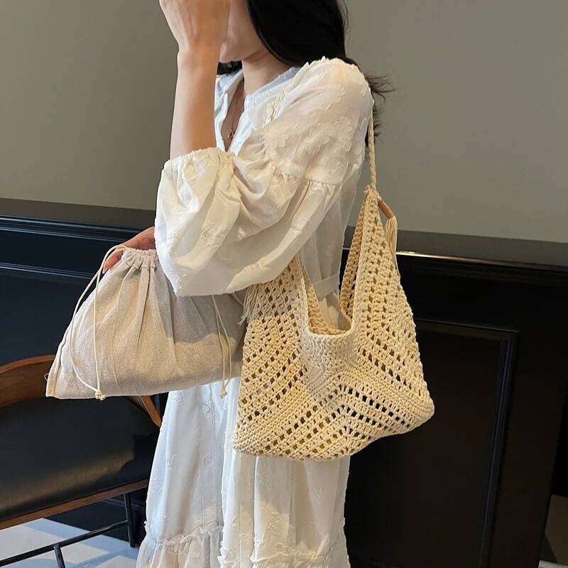 Crochet 2-In-1 Shoulder Bag Set For Women Raffia Boho Rattan Summer Beach Vacation Tote Bags Knitted Design Handbags Female 2025