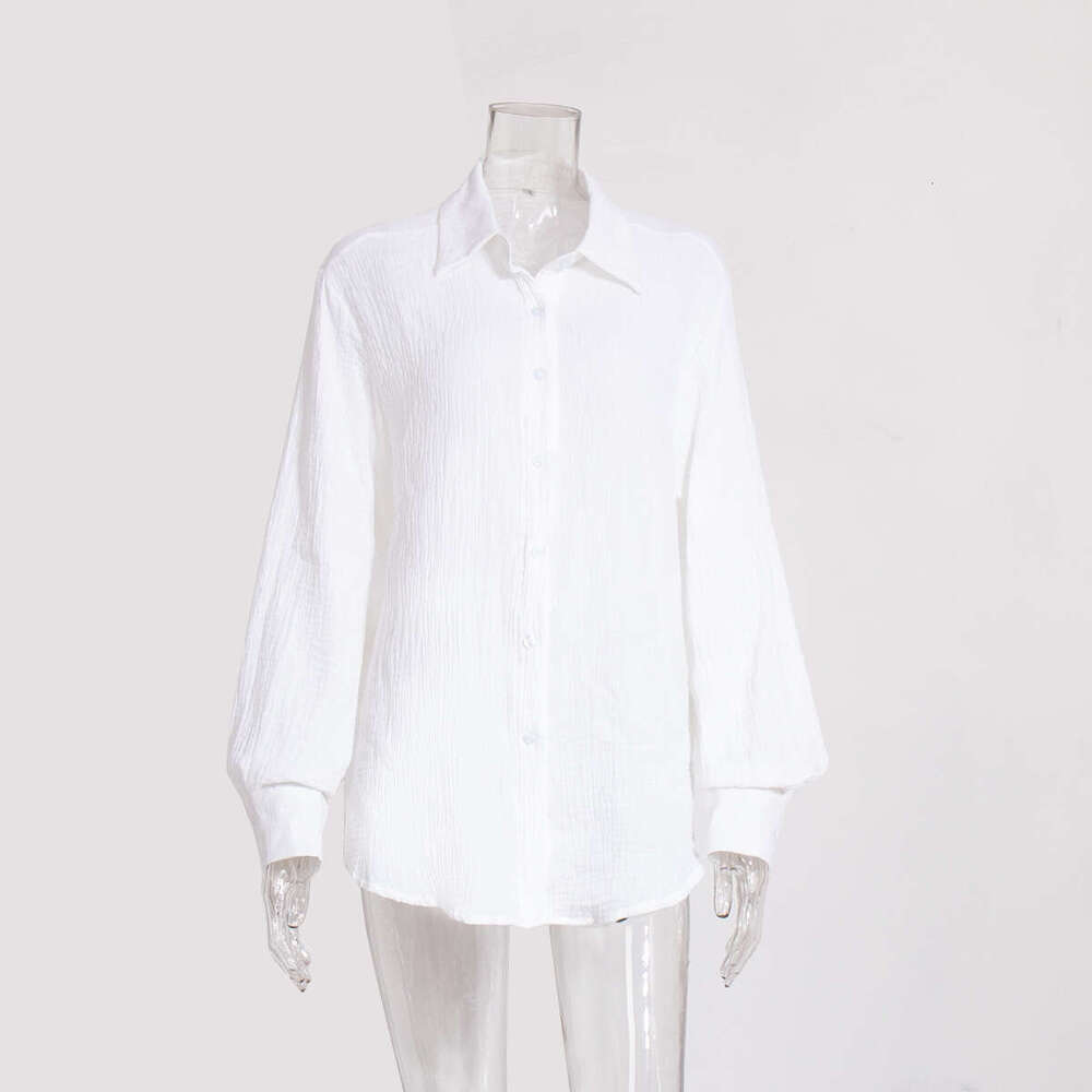 Pure Cotton Crepe Summer New Women's Comfortable Loose Elegant Polo Shirt Blouse B5