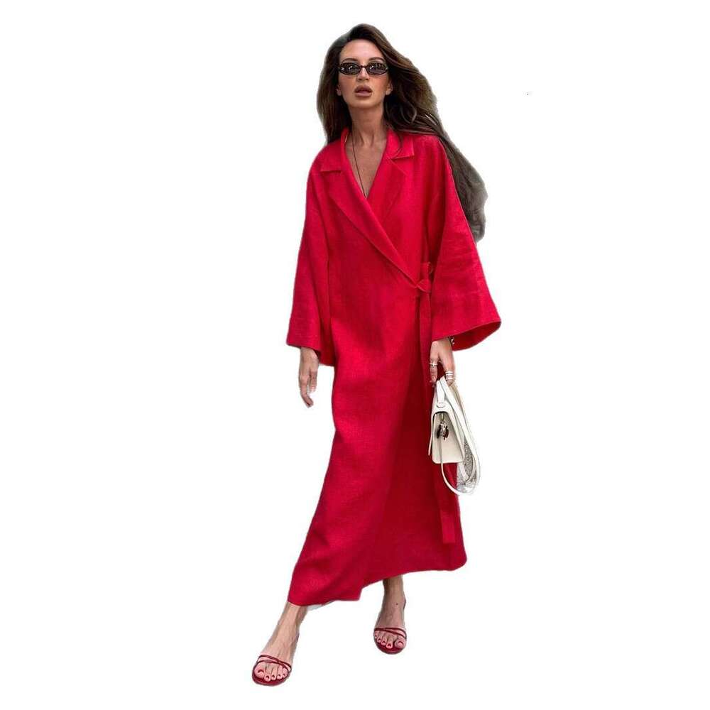 Autumn New Women's Cotton Linen Dress, Lazy Casual Loose Robe With Turn-Down Collar And Tie Long Dress B5