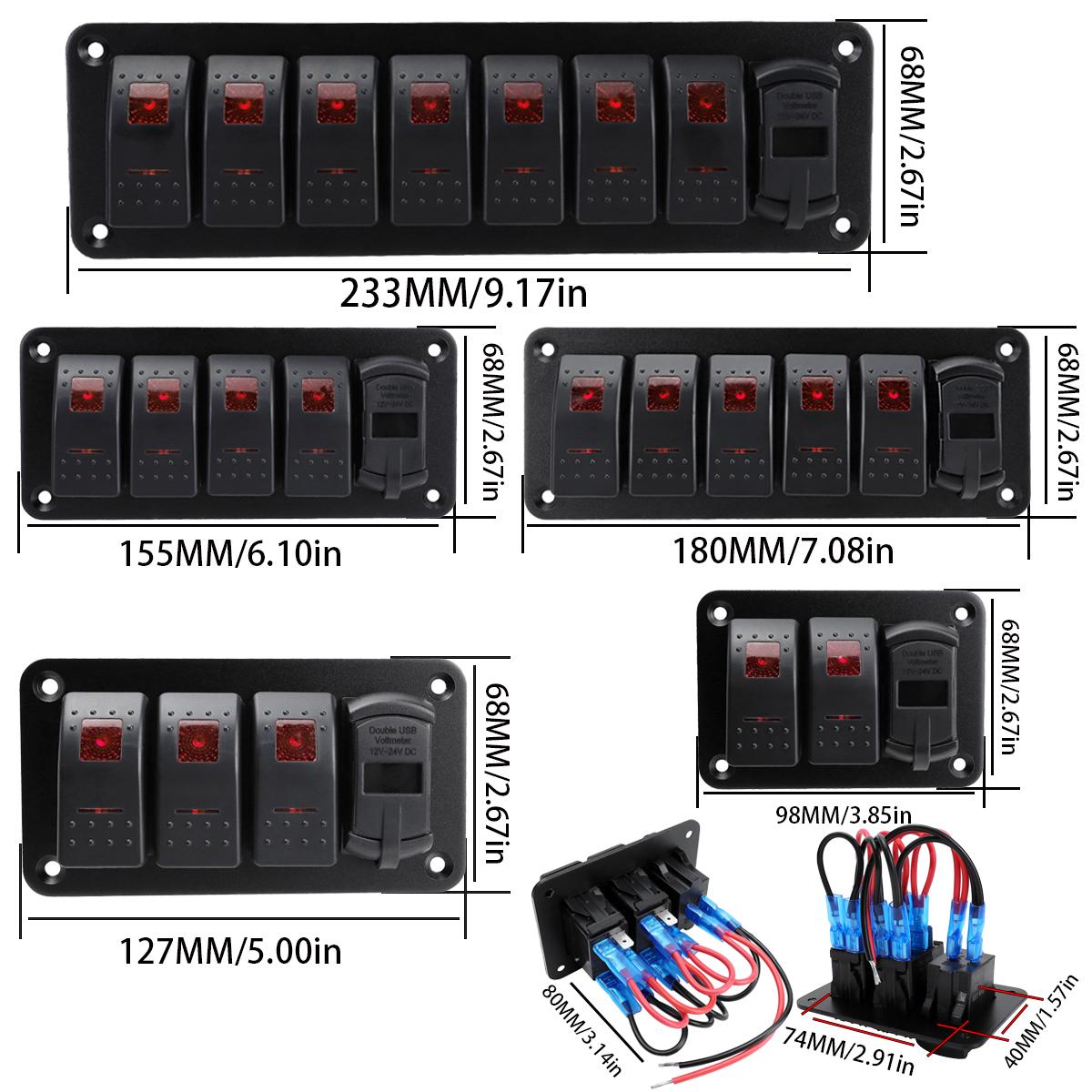 Aluminum panel with joystick switch, equipped with voltmeter and dual USB (4.2A) fast charging, red backlit LED, suitable for boats, cars, trucks, (re