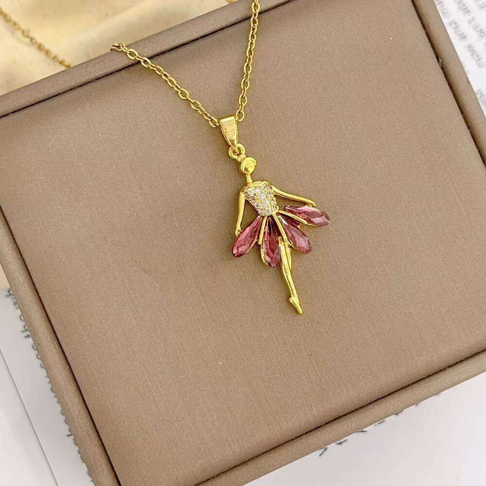 Colorful Crystal Ballet Girl Necklace For Women Versatile High-End Feel Titanium Steel Non-Fading Jewelry 942