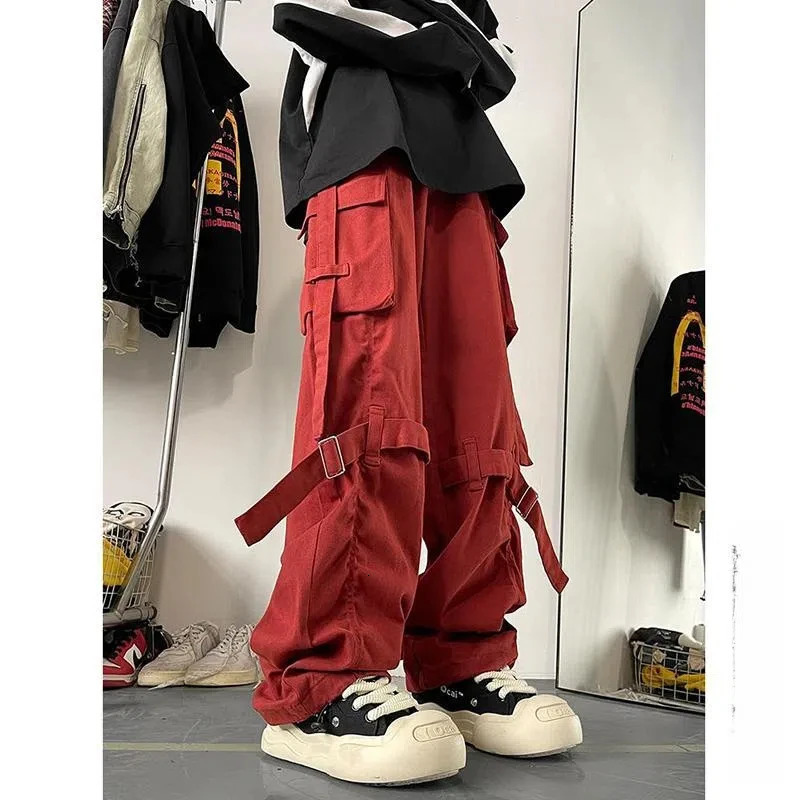 Spring Autumn Mens Clothing Solid Color Elastic High Waisted Pockets Casual Loose Fashion Trousers Cargo Preppy Style Pants 250715