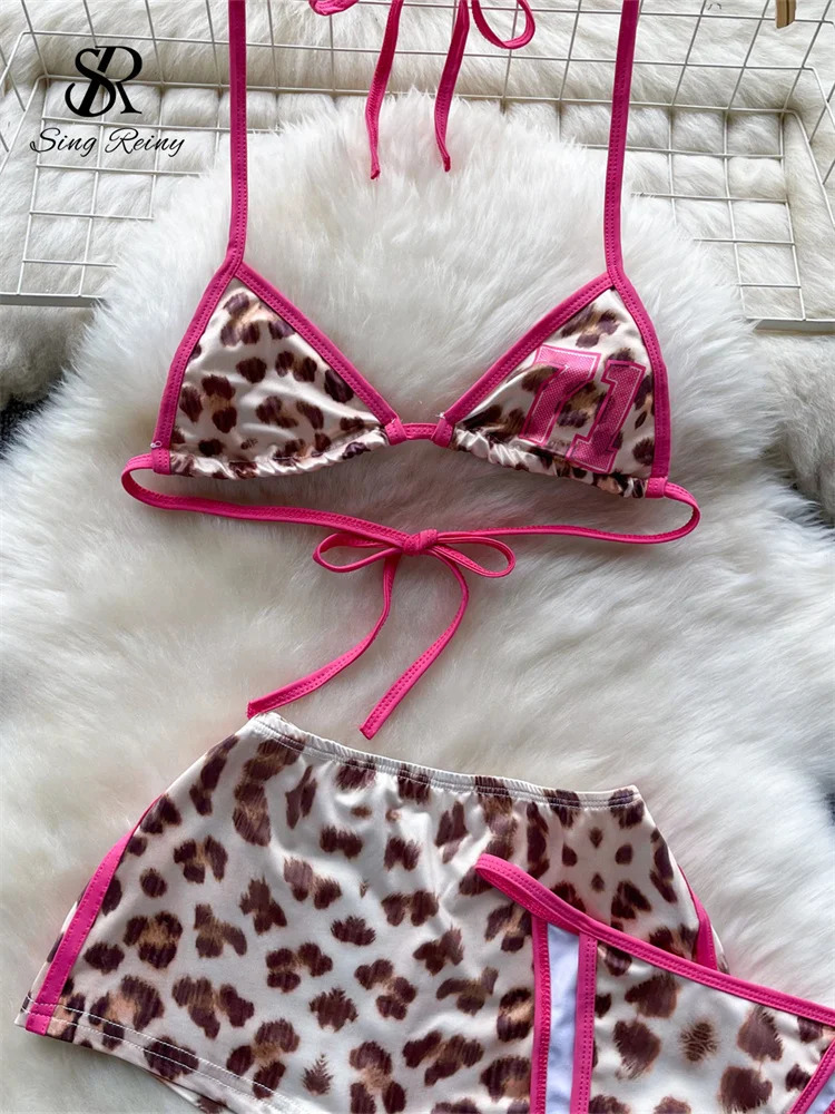SINGREINY Leopard Bikini sweet Three Piece Set Halter BrSlim ShortsMini Briefs 2024 Women LaceUp Backless Sexy Suits 250714