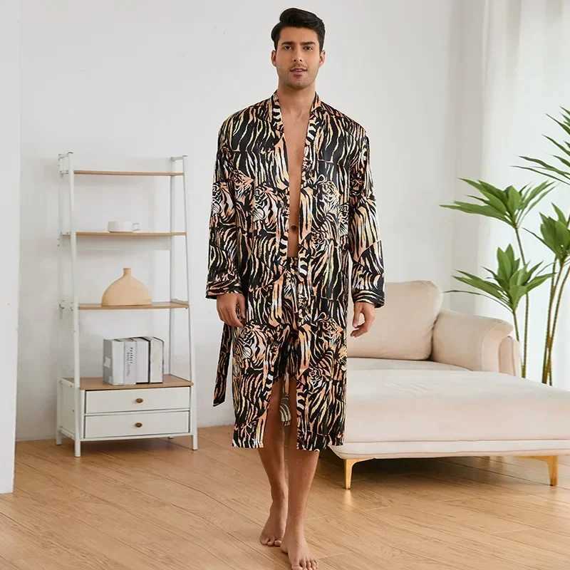 Mens Ice Silk Sleepwear Kimono Bathrobe Gown Long Robe Pajamas Two Piece Set Print Tiger Loose Casual Homewear Lounge Wear W250717