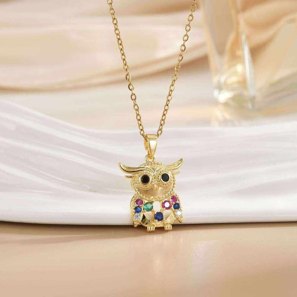 Colorful Zircon Owl Light Necklace For Women Clavicle Chain Jewelry Titanium Steel Accessories 1E1