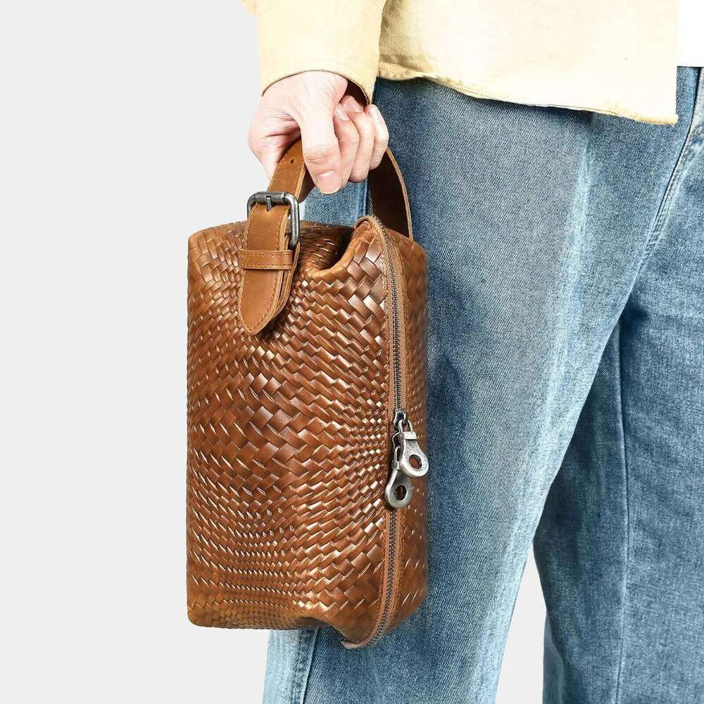 Genuine Leather Hand-Woven Clutch Men's Large Capacity Portable Handbag Storage Bag