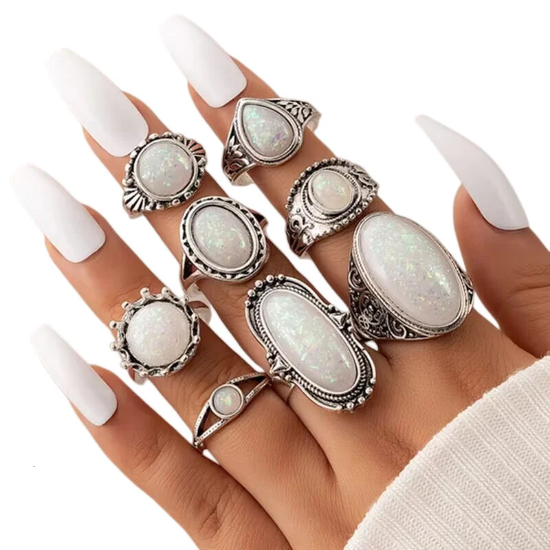 50pcs/Lot Wholesale Big Opal Stone Finger Rings For Women Bohemia White Enamel Acrylic Water Drop Carved Hollow Jewelry Girl 250716