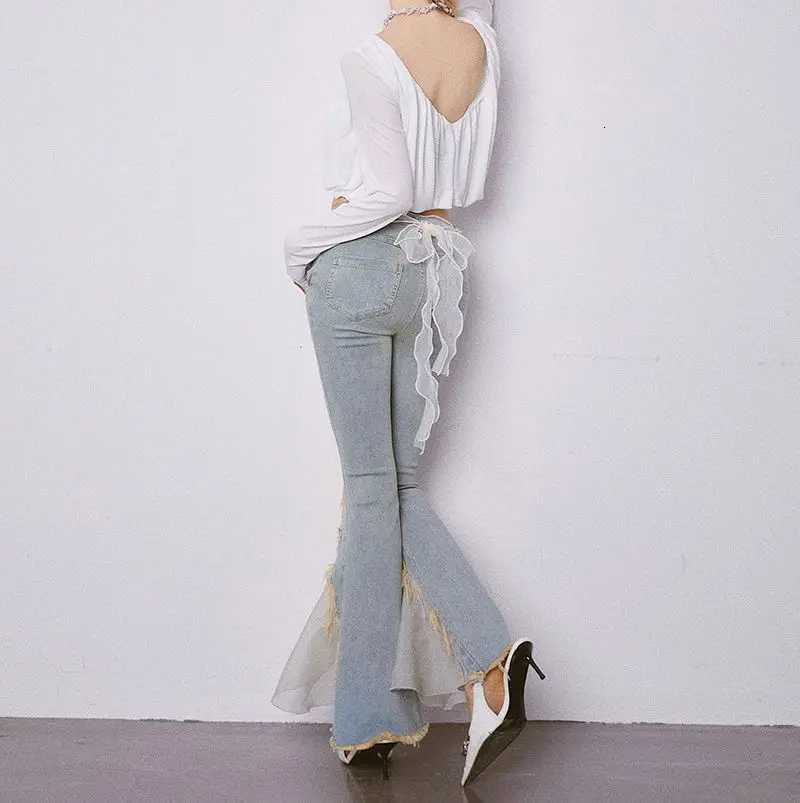 With Slits Medium Waist Trousers Slim Fit Lace Splicing Womens Flare Jeans South Korea Harajuku Fashion 90s Female Cowboy Pants R250716