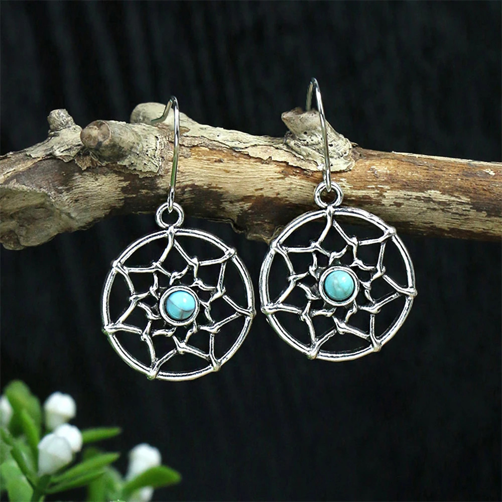 Ancient Silver Ethnic Style Earrings Turquoise Inlaid Beads Bell Leaves Birds Embellishment Personalized Accessories Gift Party 250716