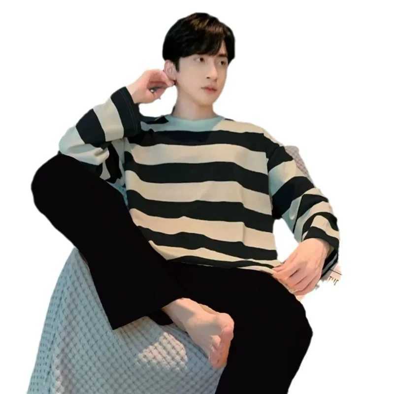 Striped Plus Size Men Pajamas Summer Long Sleeve Casual Sports Loose Black Round Neck T-Shirt and Long Pants Two-Piece Set W250717