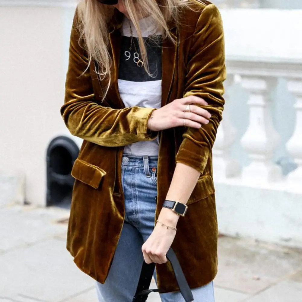 Velvet Women Office Lady Long Sleeve Double breasted Mid length Casual Coat Ladies Outerwear Stylish Relaxed Fit Blazer 250715