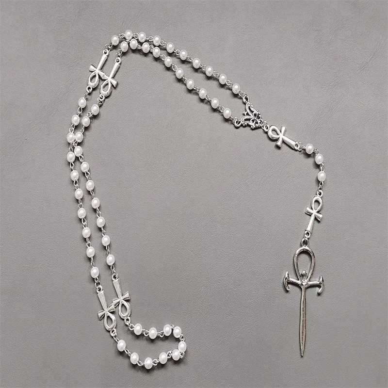 Handmade Pearl Ankh Rosary Occult Vamp Goth Ankh Beads Gothic Vampire Cross Necklace Victorian Cross Egyptian Jewelry GiftXJ250717