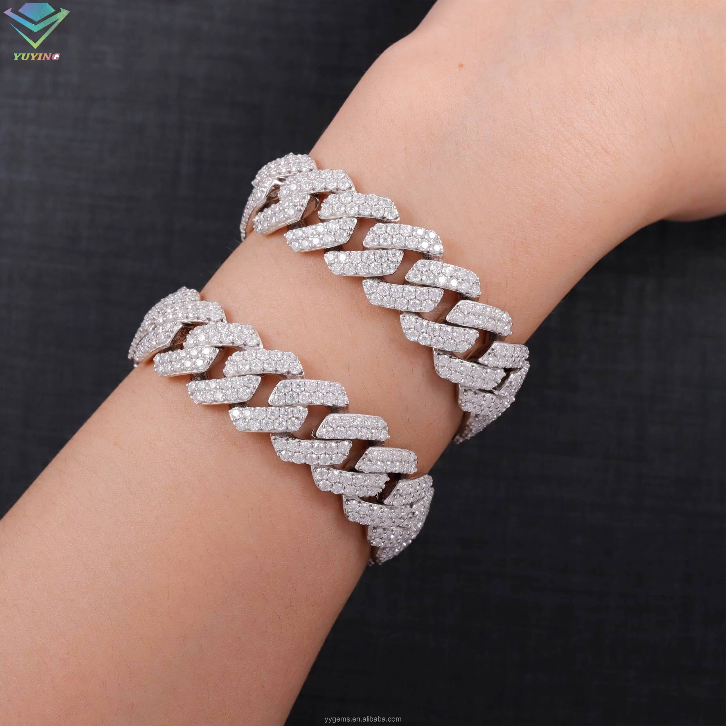 Hot Sale VVS Mossanite Cuban Chain Jewelry 2rows 15mm Wide 925 Solid Silver Iced Out Diamond Cuban Link Chain Hip Hop Necklace