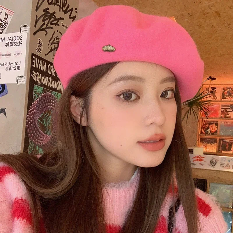 Womens Winter High Quality Wool Beret Metal Copper Buckle Solid Color Painter Hat Satin Embroidery Vintage Beanie Hat 250716