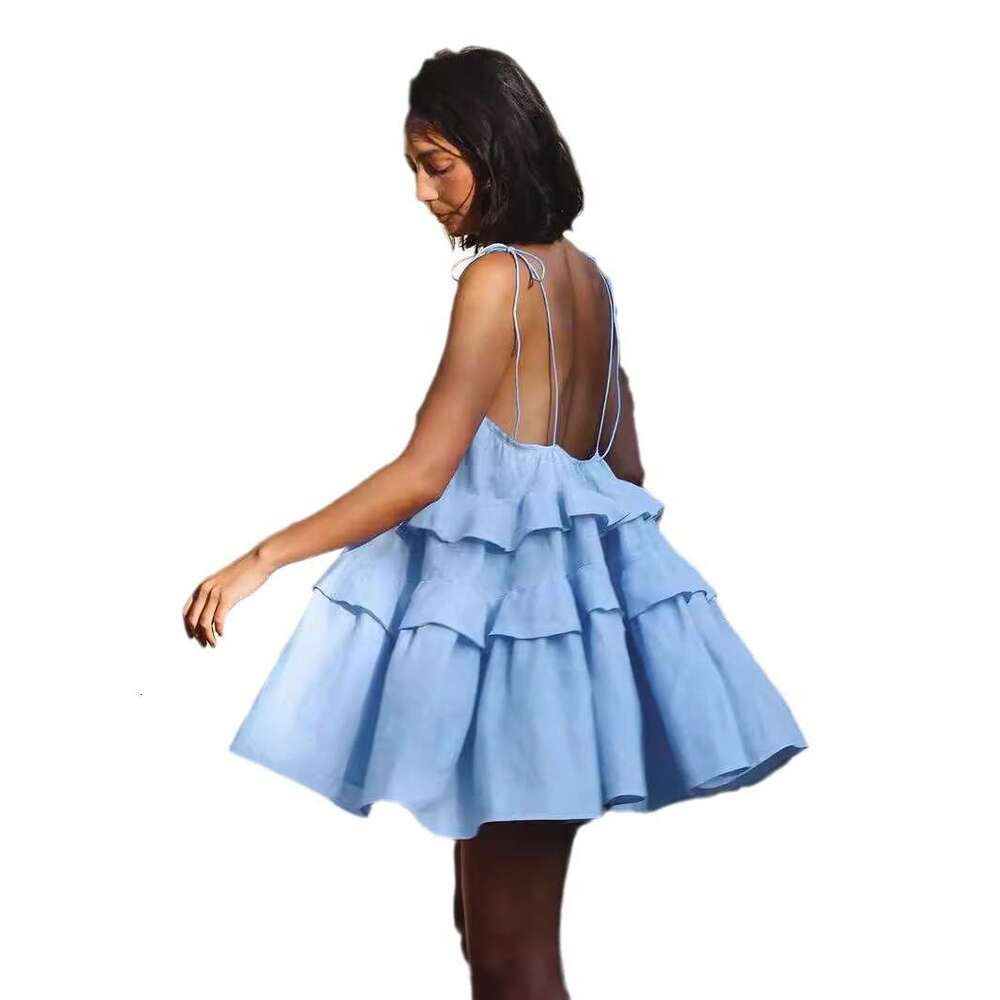 Summer Layered Ruffle Cake Short Backless Strap Dress B5