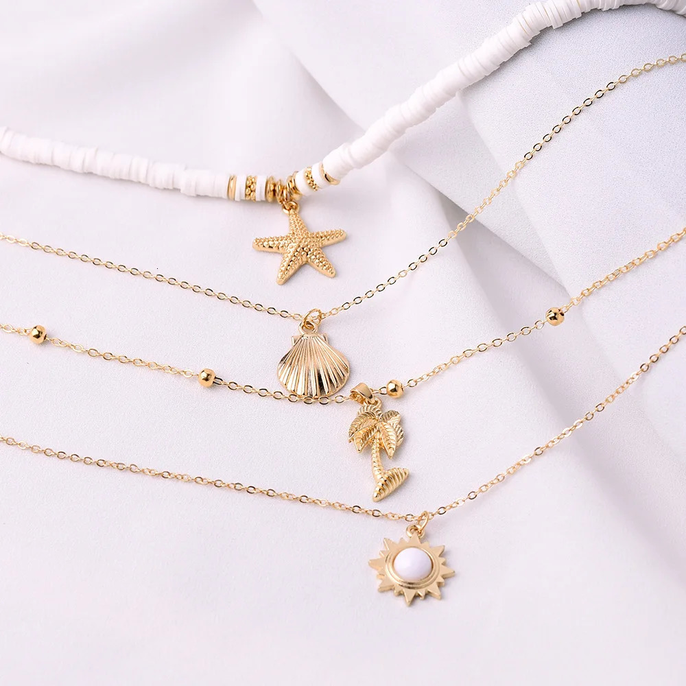 Fashion Bohemia Soft Clay Shell Star Sun Pendant Chain Layered Necklace for Women Girls Summer Beach Simple Layered Necklace 250715