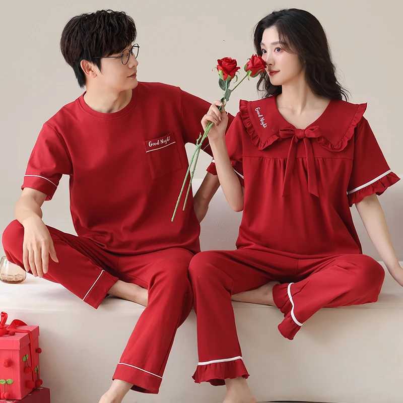 100% Cotton Fashion Women Short Sleeve Long Pants Sleepwear Set Couples Festive Red Color Pajamas Summer Home Lounge Gift W250717