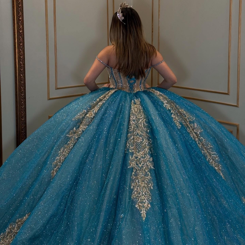 Blue Shiny Quinceanera Dresses Ball Gown Off The Shoulder Applique Lace Beads Tull Corset Party Birthday Sweet 16 Dress Vestidos De 15 Anos