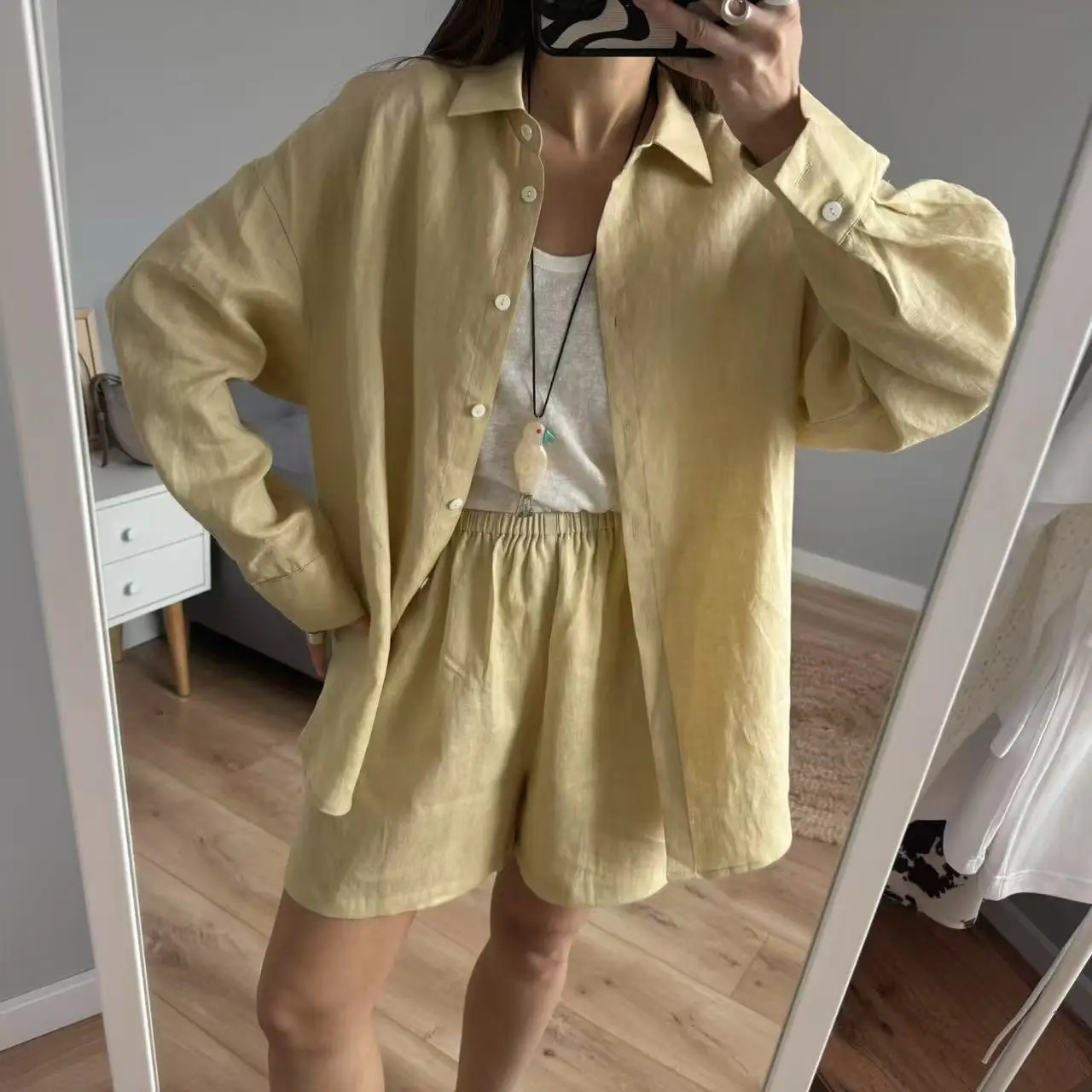 Women 2025 Summer Casual Linen Blouse Shorts Sets 250714