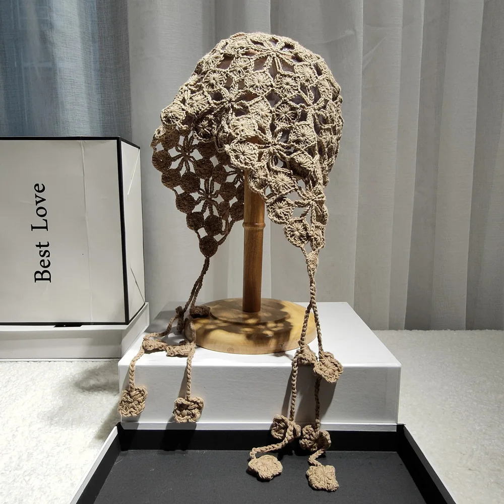 Handmade Hollow Out Crochet Knit Women Beanie Cap with Braid Summer Breathable Flower Berets Casual Pullover Skullies Hat Female 250717