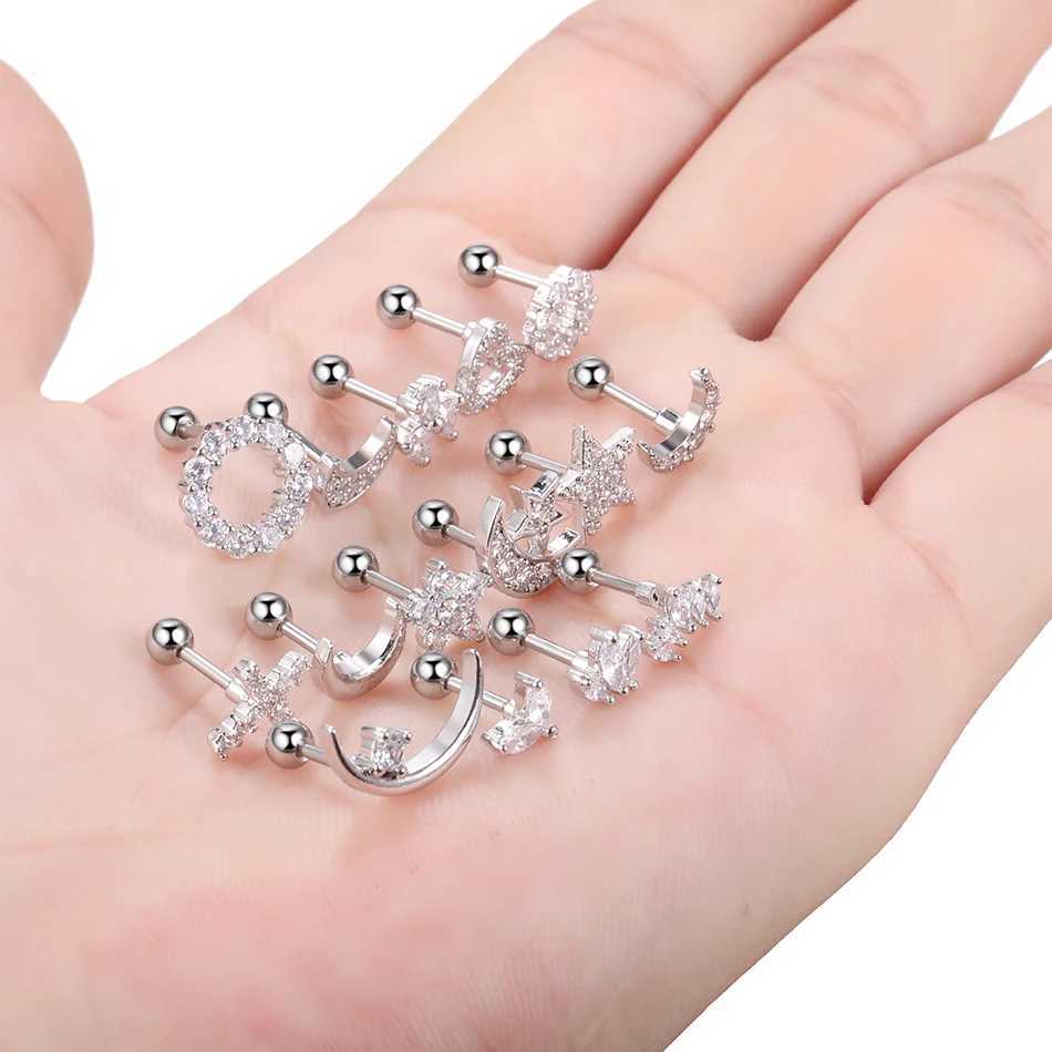 1PC 16G CZ Gem Cartilage Stud Moon Star Heart Cross Flower Crown Helix Tragus Piercings Conch Rook Stud Earring Piercing Jewelry y250715