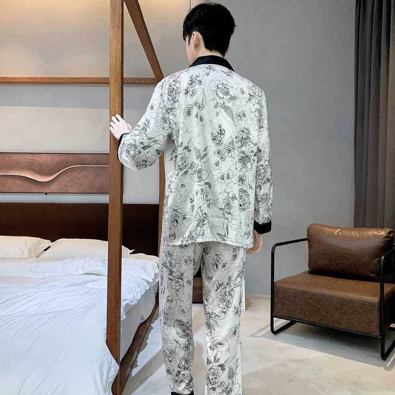 High Quality Satin Printed Pajamas Set Mens Nightwear Ice Silk Long Sleeve Loose Thin Teen Home Clothing Wear Suit Male Pajamas W250717