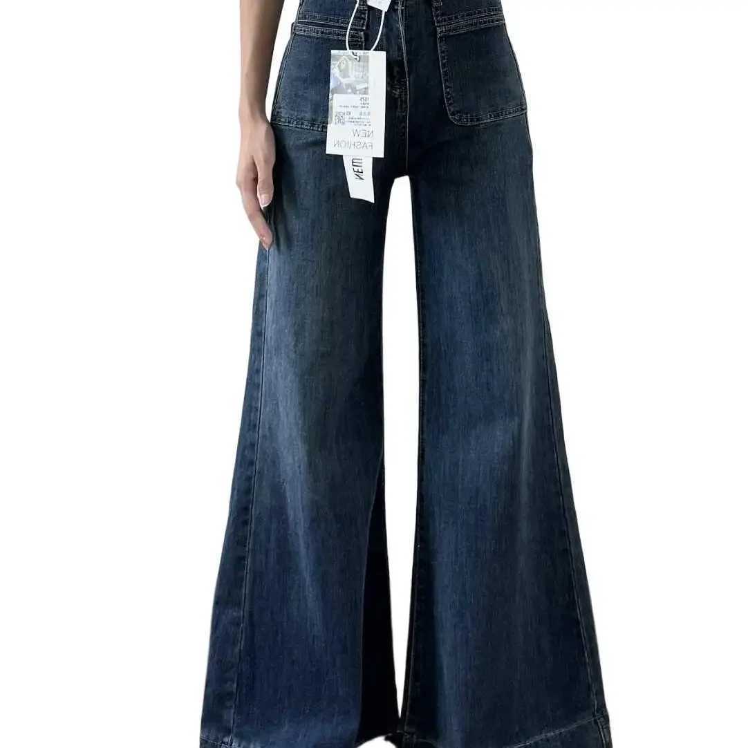 Womens Autumn New Fashion Retro Micro-flared Jeans Solid Color High-waisted Straight Wide Leg Pants Loose Floor-length Jeans R250716
