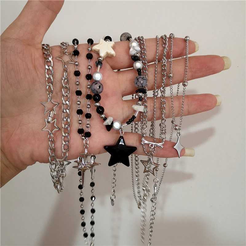 Kpop Goth Vintage Cool Y2K Star Pendant Beaded Silver Color Chain Necklace For Women Men Aesthetic Grunge Emo Jewelry Accessory XJ250717