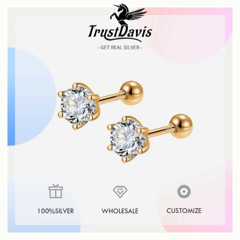 TrustDavis Real 925 Sterling Silver Fashion Gold Six Claw 3/4/5mm CZ Screw Stud Earrings For Women Wedding Fine Jewelry DA2712 y250715