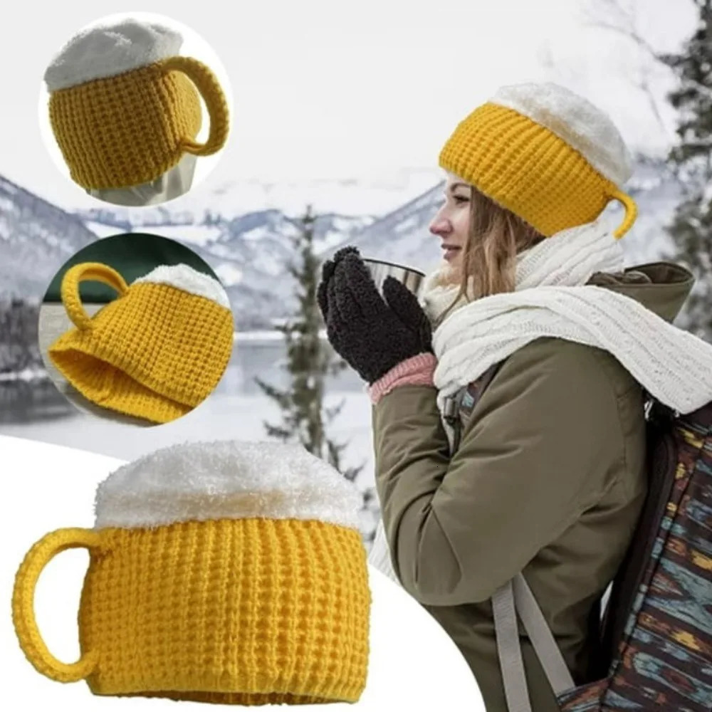 3D Beer Cup Hat Funny Creative Knitted Pullover Cap Autumn Winter Versatile Unisex Warm Hairline Cap Beer Lovers Year Presents 250717