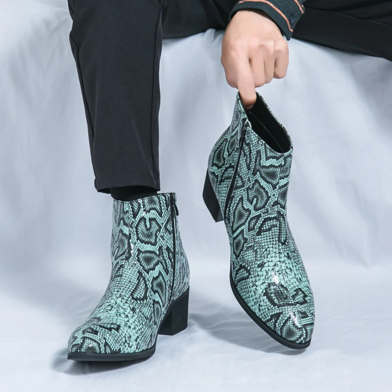 Spring Serpentine Leather Printing Men Cowboy Ankle Boots Show Party Motorcycle Short Boots Increase Height Dress Sapatos Social 250715