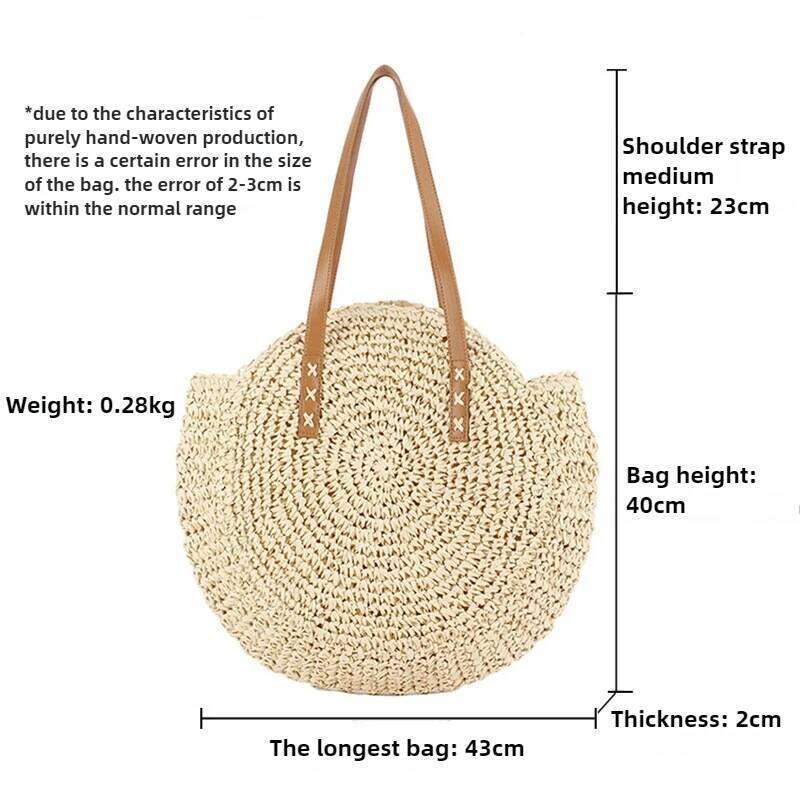 Summer Round Straw Women Vacation Woven Shoulder Large Capacity Hollow Out Simple Tote Travel Beach Bag Handbags