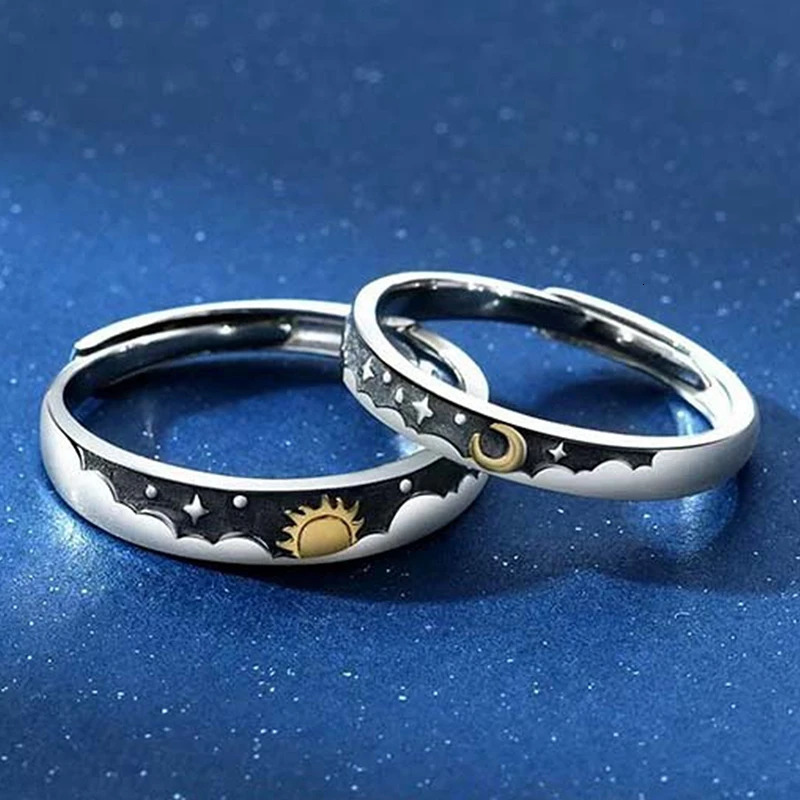 2 PCSSet Couple Rings For Women Sun Moon Dolphin Wings Electrocardiogram Cross Matching Jewelry Finger Open Ring 250704