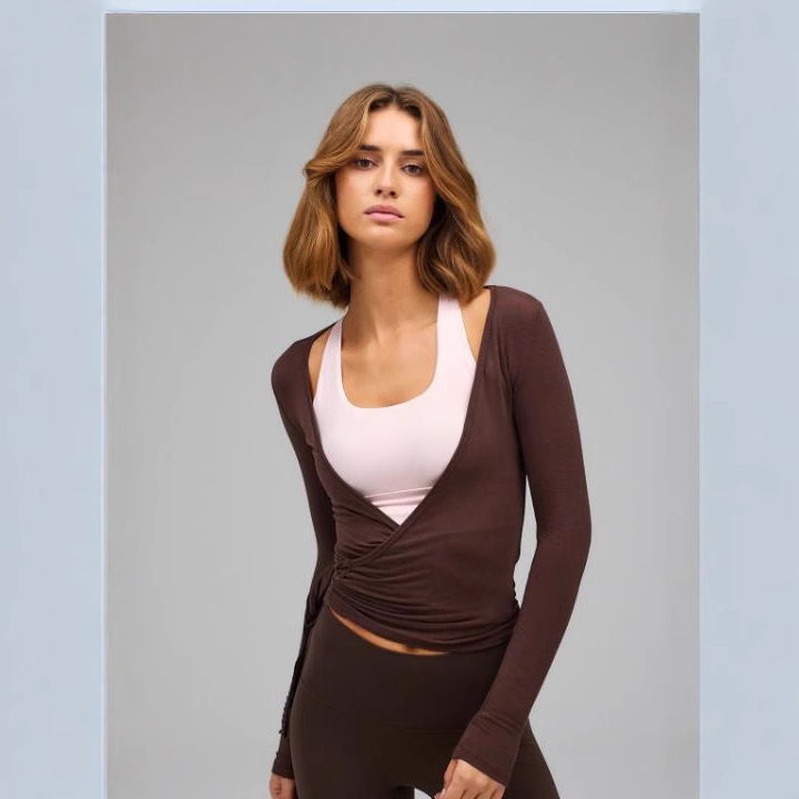 Women's T Shirts Solid Color Long Sleeve Wrap Bandage T-shirt Workout Clothes Women Sporty Yoga Crop Tops Ladies Deep V Neck Slim Fit Blouse