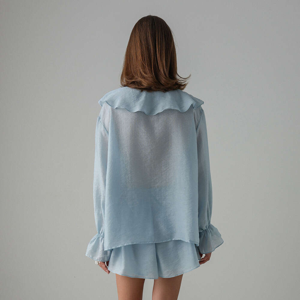 French Style V-Neck Ruffle Summer Tie Blouse And Shorts Set For Women B5