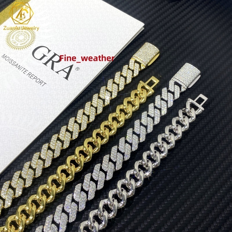 Fine Jewelry Men Necklace Sterling Silver 925 Iced Out Moissanite Hip Hop Iced Out Cuban Link Chain 8mm 10mm 12mm Width