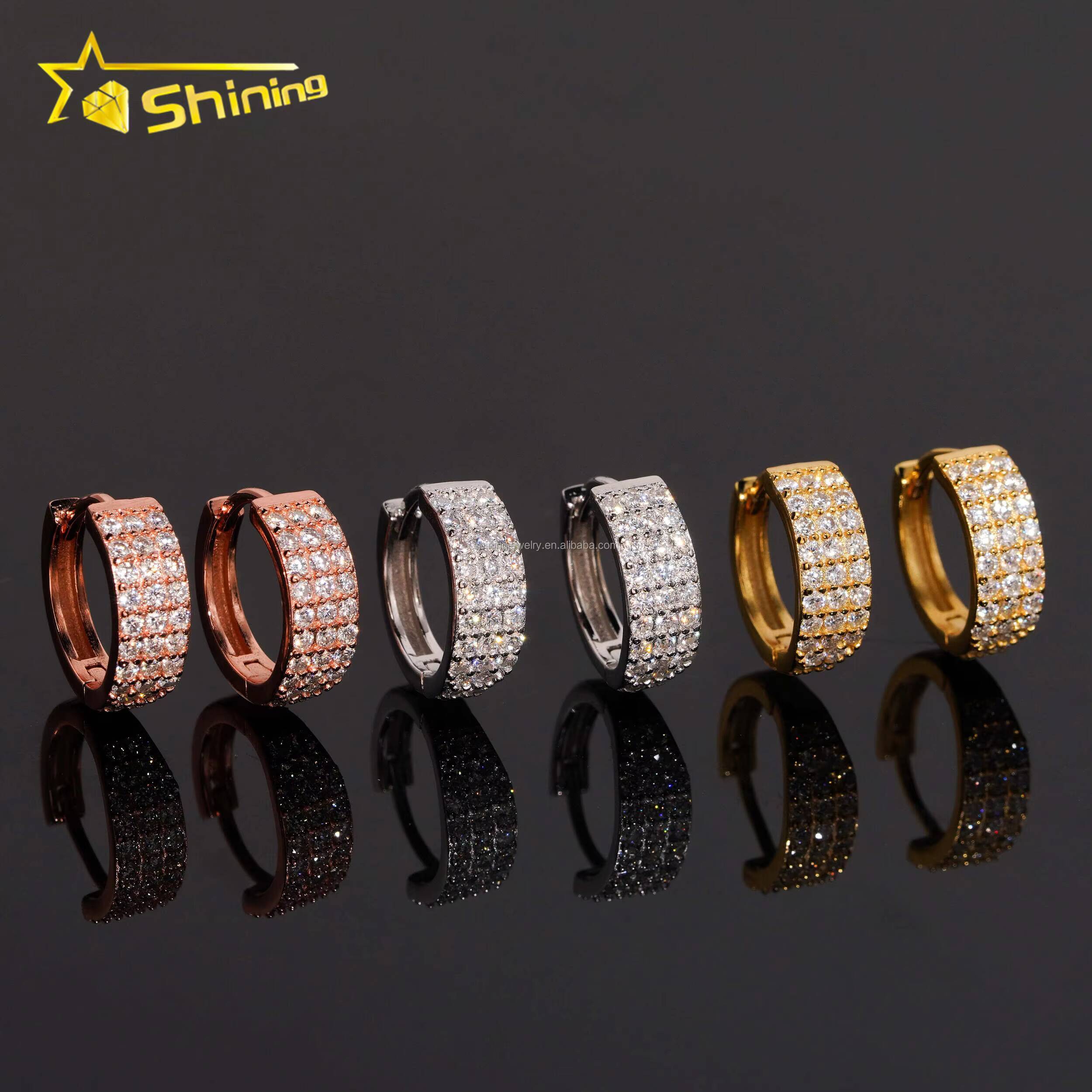 Popular Style Drop Shipping Bulk Stock 2Rows Vvs Moissanite Diamond Hoop Earrings Hip Hop Iced Out 925 Silver Hoop Earrings Man