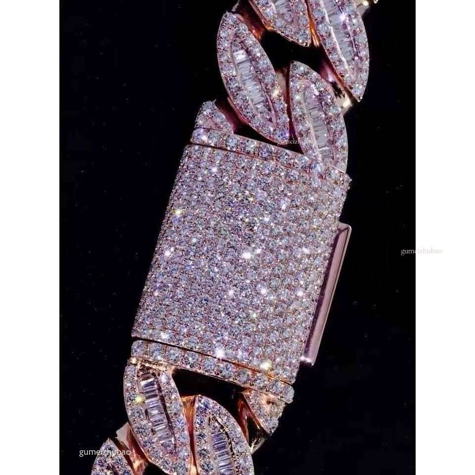 Pass 100% dia test18mm Stone Cuban Chain - Ice Out Necklace, with Long Stick Bread and Round Cut VVS Silicon Stone, Tester Passed