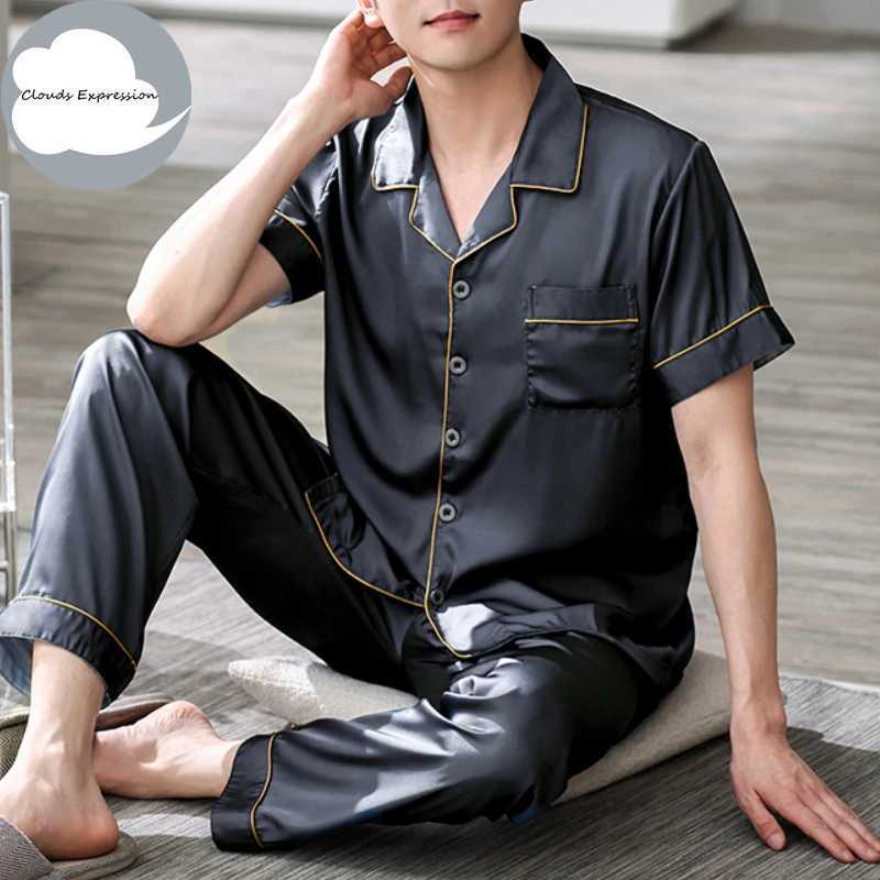 4XL Blue Loungewear Pajamas Imitate Silk Mens Pajama Sets Satin Pajamas Male Sleepwear Pajamas Nightwear Homewear Fashion W250717
