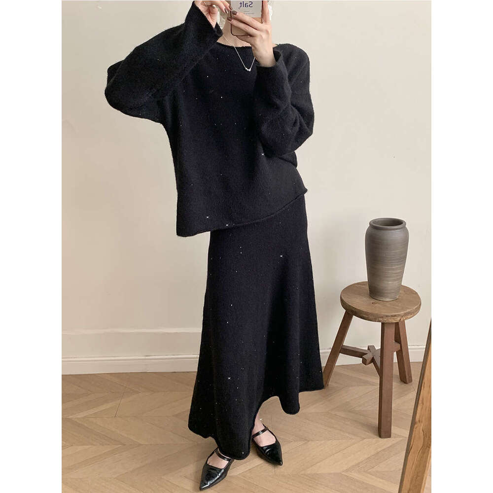 New Lazy Style Loose Top + Mermaid Skirt For Women Round Neck Knitted Sequin Set Shiny B5