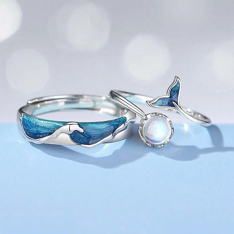 2 PCSSet Couple Rings For Women Sun Moon Dolphin Wings Electrocardiogram Cross Matching Jewelry Finger Open Ring 250704