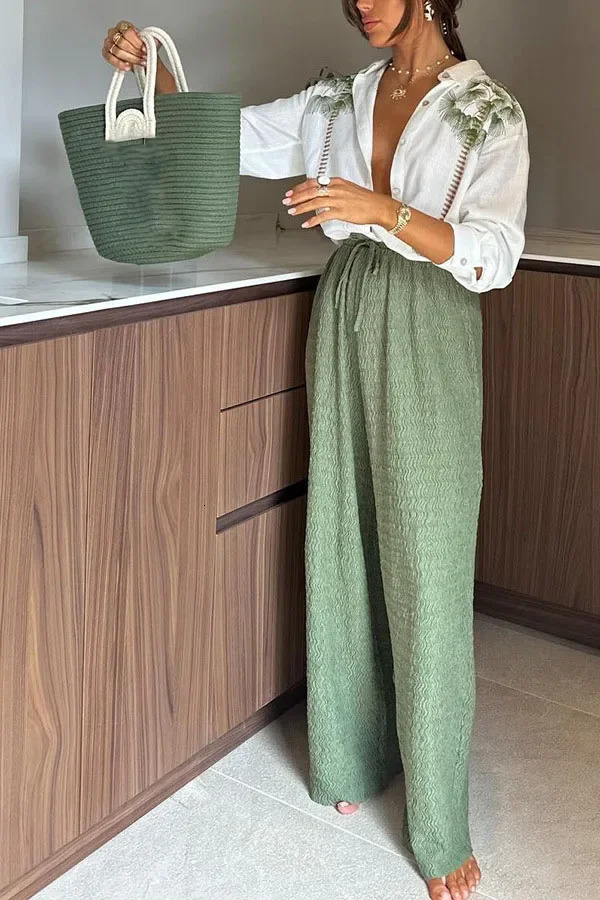 Casual Print 2 Piece Set Women Loose Single Breasted Lapel Set Female Autumn Long Sleeves High Waist Lace Up Trousers Sets Lady 250715