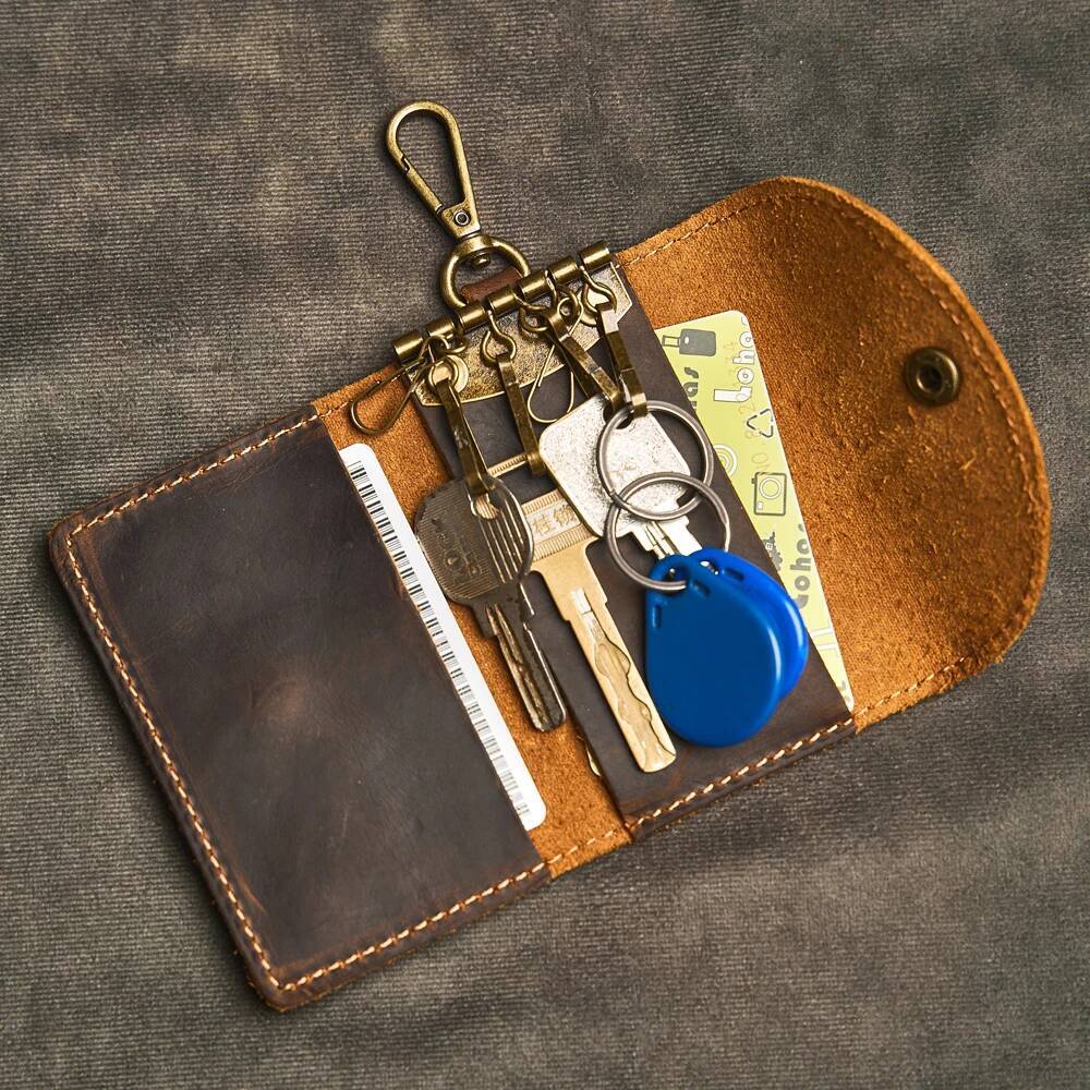 Retro Cowhide Wallet Handmade Genuine Leather Car Key Bag Portable Housekeeper Keys Holder Card Slot Money Clip Short Purse