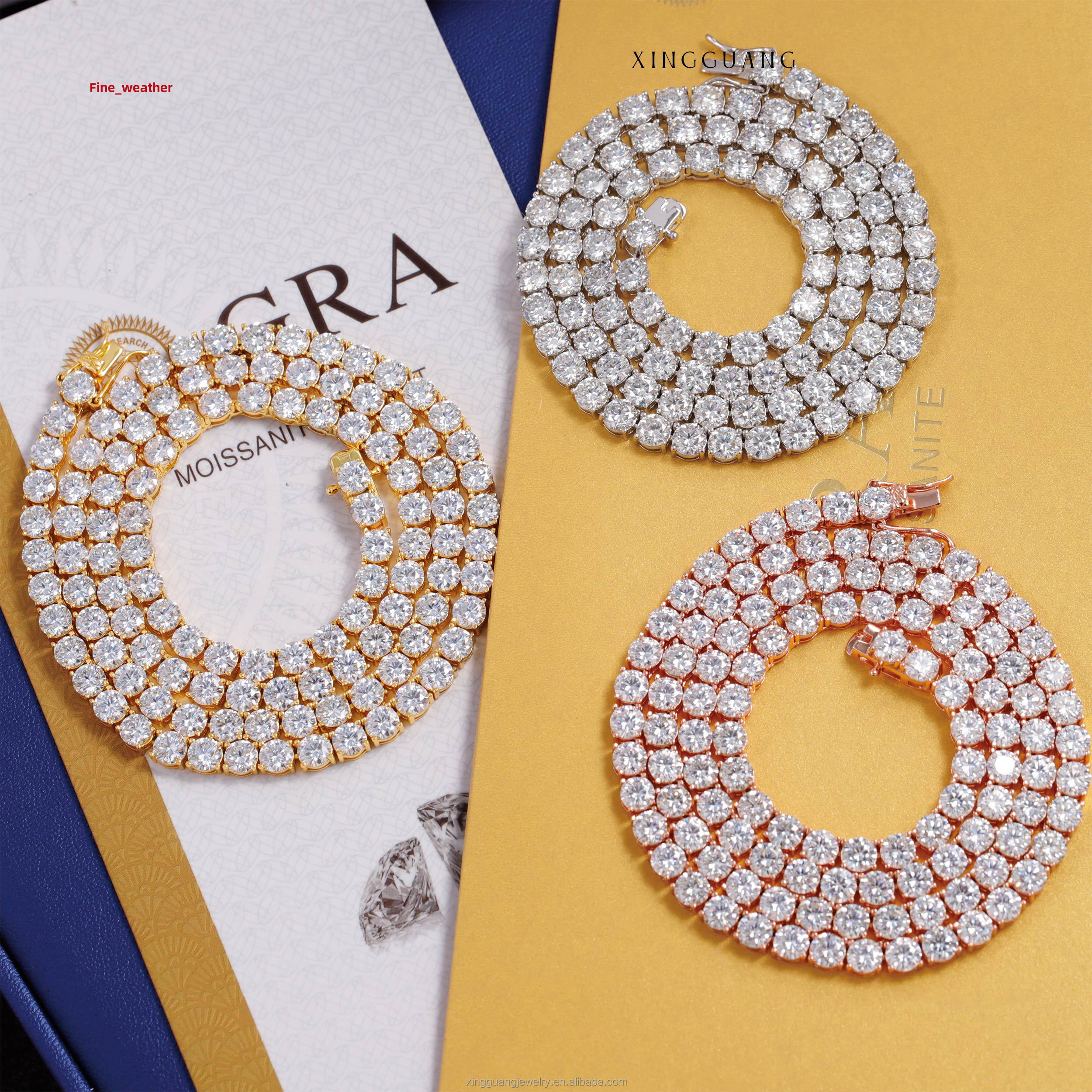 Factory Price Silver with Gold Plated VVS D Color Moissanite Diamond Tennis Chain for Hip Hop Jewelry