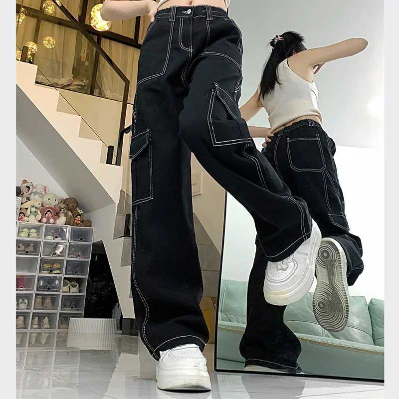 2024 Women Retro Streetwear High Waisted Denim Pants Lady Baggy Straight Leg Wide Leg Pants Girls Fashion Casual Black Trousers R250716