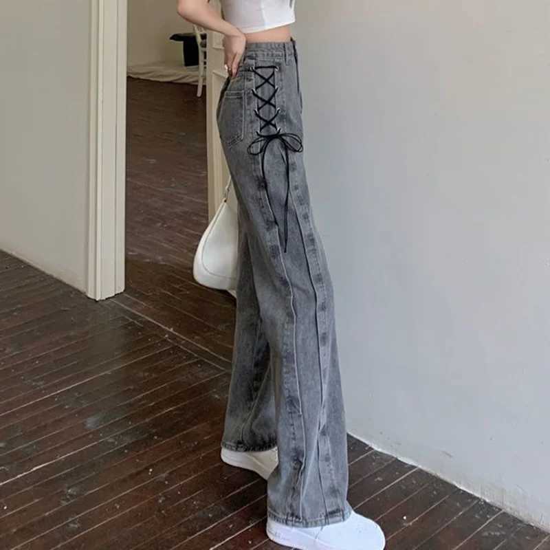 2025 New Korean Side Lace Up Design Pipe Pants Women Stylish Low Rise Gray Denim Full Pants Solid Straight Jeans Female R250716